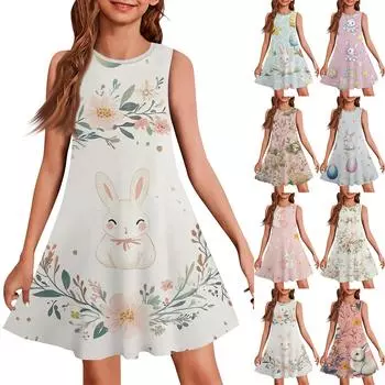 Девочки мода повседневный без рукавов круглый вырез пасхальный принт платье 130 бежевый