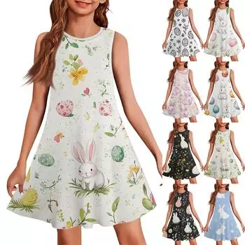 Девочки мода повседневный без рукавов круглый вырез пасхальный принт платье 140