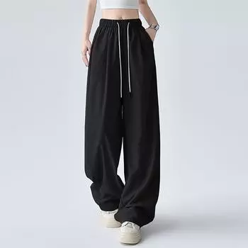 Девочки Мода Повседневный Дизайн Sense Плиссированные Свободные Широкие Брюки На Шнуровке L чёрный