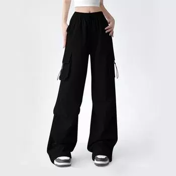 Девочки мода широкие брюки карго десантника с высокой талией альпинистские спортивные брюки свободные ретро повседневные штурмовики L чёрный
