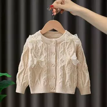 Девочки однотонный бант свитер кардиган стильный вязаный свитер топ 100 бежевый
