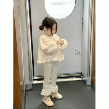 Девочки однотонный свободный фонарь рукав рубашка рубашка средний ребенок милый темперамент повседневный топ 140