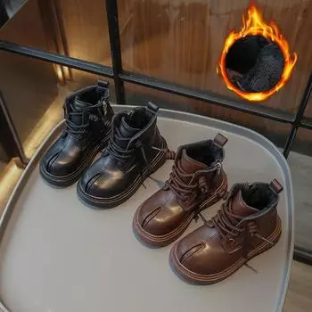 Девочки осень и зима новые маленькие девочки зарубежный стиль британский ветер маленькие детские кожаные ботинки плюс кашемир два хлопка маленькие девочки ботильоны 26 темно-коричневого