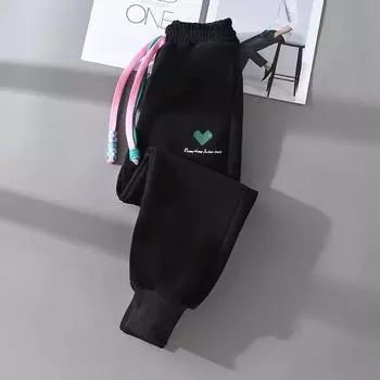 Девочки, Плюшевые брюки, Осень-Зима, Большие дети, Весна и Осень, Детские повседневные спортивные штаны, Спортивные штаны для маленьких девочек, Свободная верхняя одежда 160 чёрный