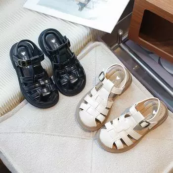 Девочки ретро плетеные сандалии детские полые носки обернутые туфли в британском стиле детские римские сандалии простые нескользящие балетки дышащие 26 чёрный