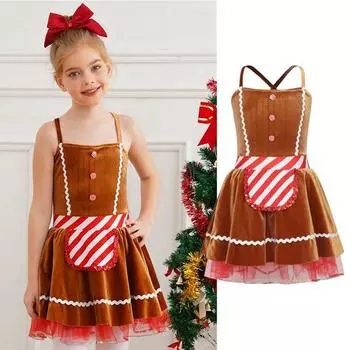 Девочки Рождественская танцевальная одежда Праздничное печенье Маскарадный костюм бархат X Back пачка танцевальное платье майка Пряничный человечек Косплей Костюм 9-10 Years красный/коричневый