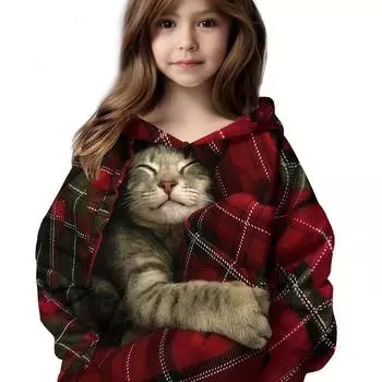 Девочки свитер Рождество Кот 3D цифровой принт длинный рукав с капюшоном толстовка топы, детская осенняя одежда 100