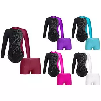 Девочки танцевальный купальник с длинным рукавом воротник-стойка украшен стразами вырез-замочная скважина сзади с шортами для катания на коньках 5-6 Years бордовый