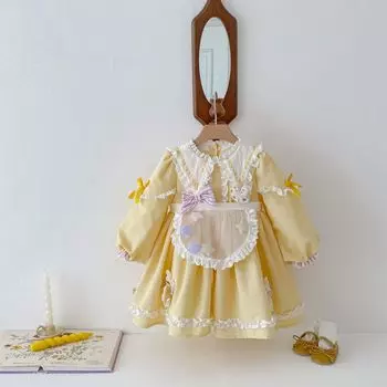 Девочки Весна 2024 Новое платье принцессы Лолиты из мультфильма Детское брючное платье в иностранном стиле Платье 80cm жёлтый