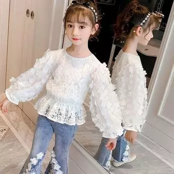 Девочки Весна Свежий Цветочный Топы Средний и Большой Дети Длинный Рукав Дизайн Красивые Топы 160 белый