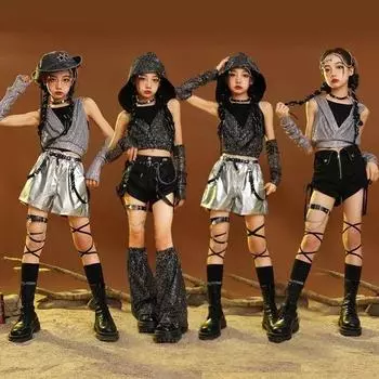 Девочки Wasteland Sequin Crop Top Street Dance Shorts Детская толстовка с капюшоном Hip Hop Jazz Silver Брюки Комплекты одежды Детские уличные костюмы 170