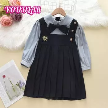 Девочки весна и осень новый британский стиль плиссированная юбка рубашка детское платье школьная одежда 1-2Y синий