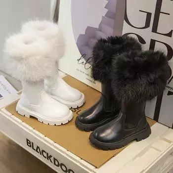 Девочки высокие сапоги SNOW плюшевые хлопковые бежевые черные зимние детские кожаные сапоги с боковой молнией плюшевые теплые шикарные 26 бежевый