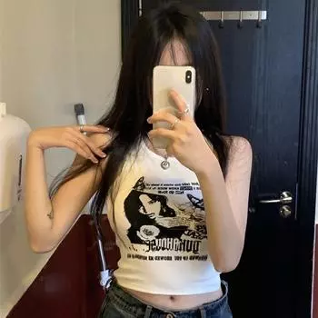 Девочки Y2K Топы Печатный Жилет Летняя Уличная Одежда Внутренние Топы Для Женщин Футболки Без Рукавов S белый