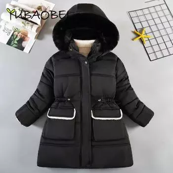 Девочки Зимние бархатные утолщенные пальто Детская одежда Куртки средней длины Толстые модные детские пальто 140 чёрный