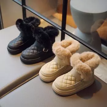 Девочки зимние сапоги детские хлопковые плюшевые пряжки классические сапоги модные детские теплые короткие сапоги ПУ нескользящие 2024 зима новые 26 чёрный