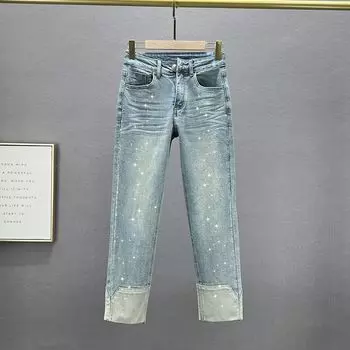 Девять точек 2024 Весна Джинсовая ткань с высокой талией и горячей вышивкой Light Blue L