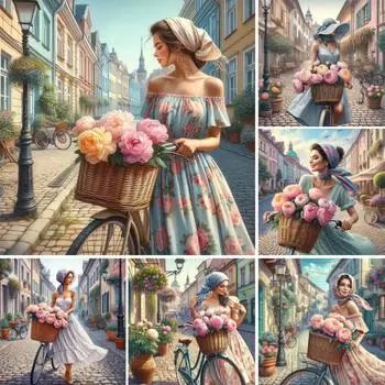 Девушка и цветы на улице Алмазная картина 5d Полный квадратный круглый алмаз Вышивка Женщина Пейзаж Мозаика Наборы для вышивки крестом Домашний декор J4017 square 30x30cm белый