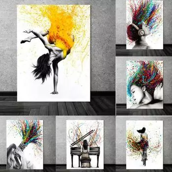 Девушка играет на пианино, абстрактные граффити, постеры, картины на холсте, принты, балет, музыка, женские цветные картины для волос, декор для гостиной, стены 21x30cm No Frame