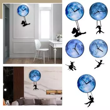 Девушка качается на луне Маленький мальчик качается настенные часы Украшение на луне Ведьма Творческая гостиная Спальня Дома Настенные часы Стол One Size