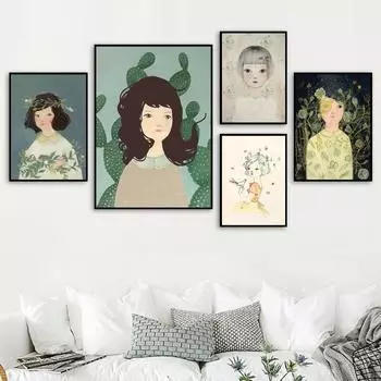 Девушка кактус цветок птица птица животное настенная живопись печать на холсте скандинавские холсты постеры и принты настенные панно для детской комнаты 21cm30cm NoFrame