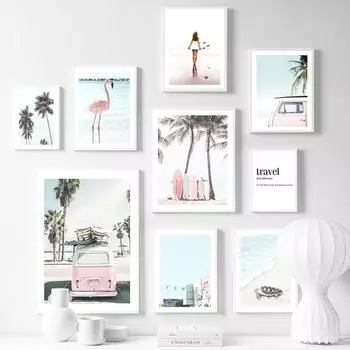 Девушка кокосовая пальма Ван доска для серфинга Фламинго настенная живопись на холсте постеры на скандинавскую тему и принты настенные панно для декора гостиной 21cm30cm NoFrame