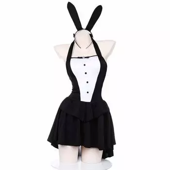 Девушка-кролик Косплей Сексуальный костюм кролика Трико Маскировка Высокие ноги Смелое нижнее белье Кроличьи уши Повязка на голову Вечеринка Рождество Событие Хэллоуин Фотосессия Длина чёрный