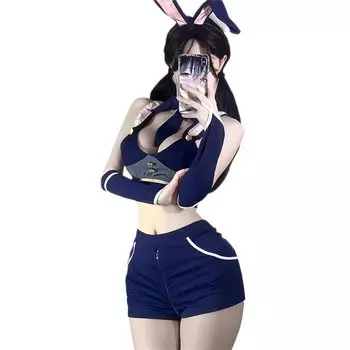 Девушка-кролик Косплей Сексуальный Милый Трико Высокий Нога Бондаж Сексуальный С Капюшоном Униформа Косплей Костюм Одежда Костюм [SEXYTINE] Женский (Темно-синий)