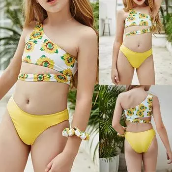 Девушка милый с открытыми плечами SunFlower печати бикини из двух частей купальник купальный костюм 130 жёлтый