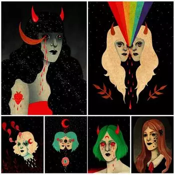 Девушка-паук, Зубная фея и языческое колдовство Ретро настенная живопись маслом Абстрактное украшение колдовства 21cm30cm NoFrame