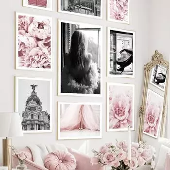 Девушка с окном, платье с розовым пионом и цветком, туфли на высоком каблуке, настенная живопись, холст, картина, плакат на скандинавскую тему, настенные панно для декора гостиной A4 21X30cm No Framed