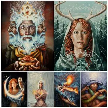 Девушка с рогом оленя, волк и три ведьмы обнимают огненную девушку, настенный художественный постер, научная фантастика, магия, сюрреализм, художественный постер 21cm30cm NoFrame