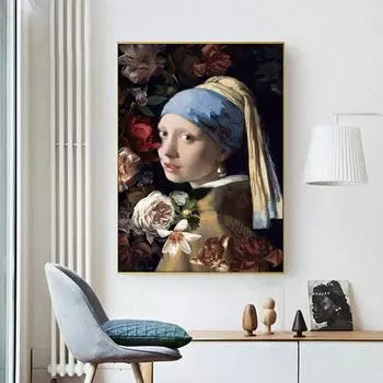 Девушка с жемчужной серьгой, цветком, известные художественные картины на холсте, репродукции, постеры и принты, настенная живопись для домашнего декора 21*30cm