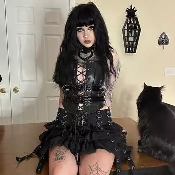 Девушка Сексуальная Тонкая Dark Clash Witch Бархатные платья с бретельками на шее Женские Короткие платья на бедрах Стиль вечеринки Сексуальная Spice Girl Тонкая красная клетчатая полуюбка Diablo Женская S чёрный