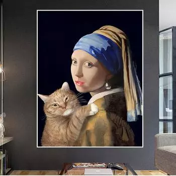 Девушка в серьгах держит кошку, постер и принты, абстрактные картины на холсте с животными, настенные картины для гостиной, украшения дома, подарки 20x30cm