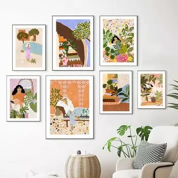 Девушка ваза Монстера абстрактный бохо хиппи настенная живопись холст картины плакаты на скандинавскую тему и принты настенные панно для декора гостиной 21cm30cm NoFrame