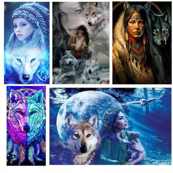 Девушка-волчица DIY 5D Алмазная картина Полная круглая алмазная квадратная вышивка крестом Мозаика Художественная живопись Украшение для дома Подарок Full Round 20x40CM