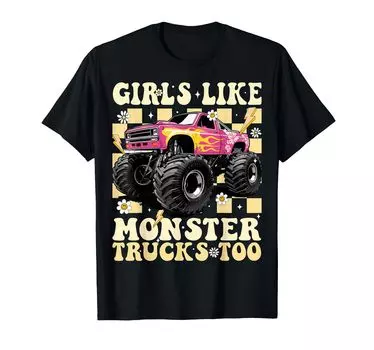 Девушкам тоже нравятся монстр-траки. Забавная розовая футболка для девочек с монстр-траками. чёрный
