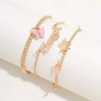 Девушки Мода Повседневный Инс Ветер Ретро Английский Алфавит Набор Браслетов на Ногу Ангельский Розовый Бабочка Три предмета Аксессуары Креативные Подарки
