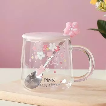 Девушки с высокой термостойкостью, крышка и ложка из боросиликона, цветущая вишня, стекло, высокая ценность, большая емкость, стакан для воды, Ins Wind Cup 500ML