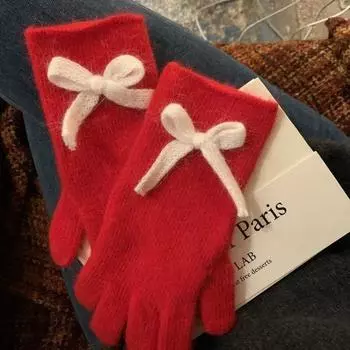 Девушки-студентки с шерстяными вязаными перчатками-бантиками, милые велосипедные теплые перчатки с росой, простые и универсальные M красный