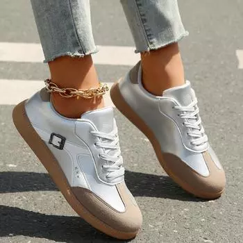 Dexun shoes women s retro classic versatile fashion casual non-slip breathable lace-up round head flat baseplate shoes little white shoes women 35 серебряный