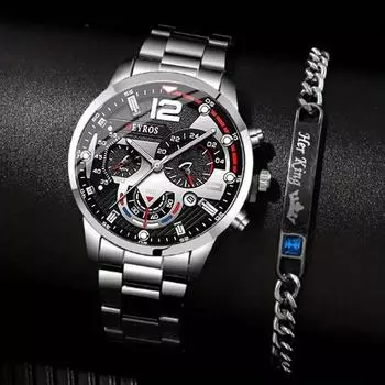 DEYROS 2pcs Men s Triple Dial Round Quartz Watch & Her King Carving Bracelet Set - Elegant and Stylish Matching Set for Couples