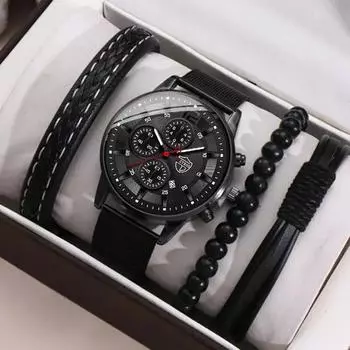 DEYROS 4 шт. набор модных деловых светящихся кварцевых мужских повседневных часов из нержавеющей стали с календарем и 3 шт. кожаного браслета, мужские подарки