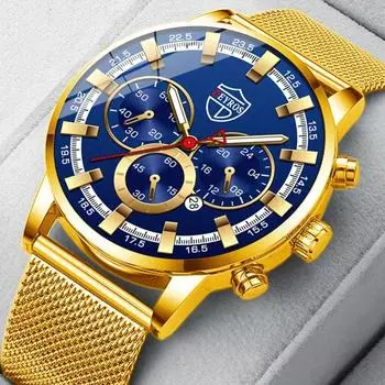 DEYROS Fashion Business Gold Luxury Men s Watch Stainless Steel Mesh Strap Date Men s Watch, Men s Gifts