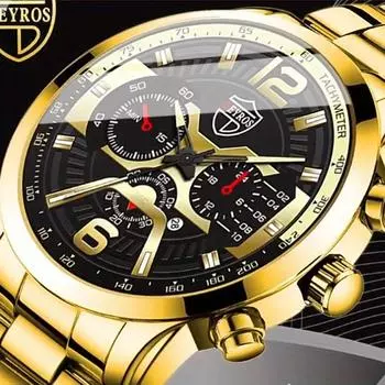 DEYROS Fashion Business Luxury Gold Мужские часы Поддельные мужские кварцевые наручные часы с тремя глазами и датой, мужской выбор
