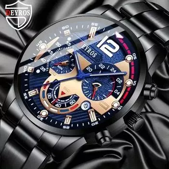 DEYROS Fashion Business Luxury мужские кварцевые часы с ремешком из нержавеющей стали и датой, мужские подарки