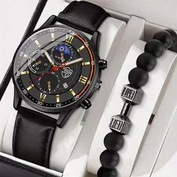DEYROS Men s Watch Fashion Men s Business Leather Calendar Watch & Bracelet, Father s Day Gift