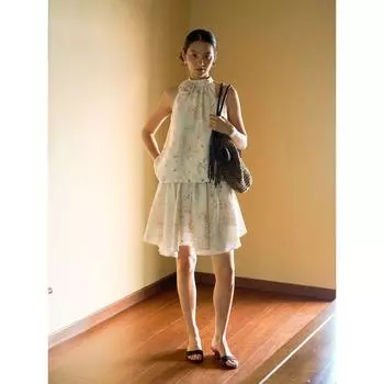 [DH Новая китайская специальная серия] Однотонный дышащий топ с вырезом на шее из смесового льна с перламутровым жаккардом с эффектом помятости Tops pearlescent floral [In Stock]] L