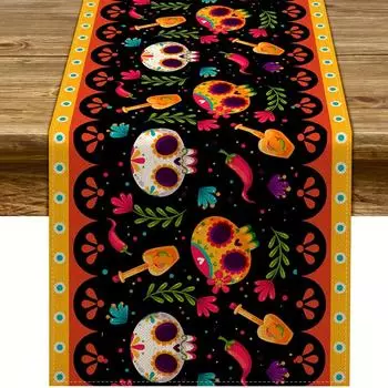 Dia De Los Muertos Linen Table Runners Halloween Sugar Skull Festive Decor Mexico Holiday Home Party Kitchen Dining Table Decor 150x33cm 59x13inch